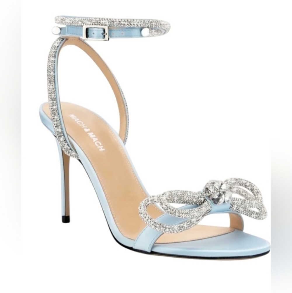 NIB MACH & MACH | Double Bow Round Toe Satin Sandals Heels Pumps Blue Sz 10B 40